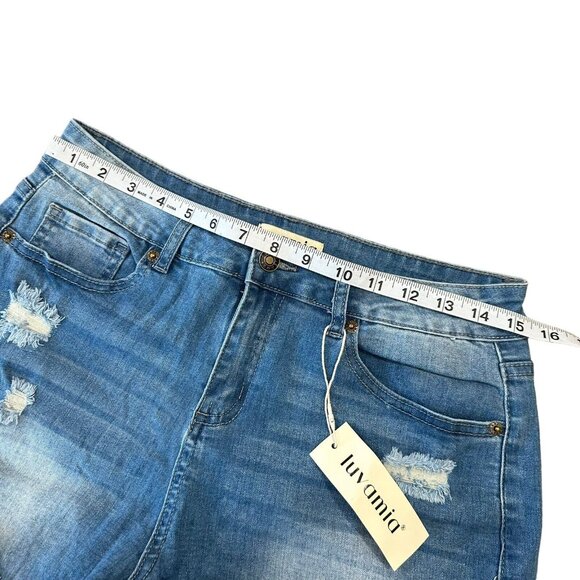 Luvamia Women's SZ M- Mid Rise Denim Shorts Stretch Ripped Raw Hem Jean Shorts - Picture 4 of 10